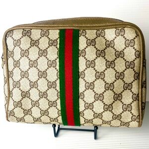 Authentic Gucci Beige and Green Monogram Clutch